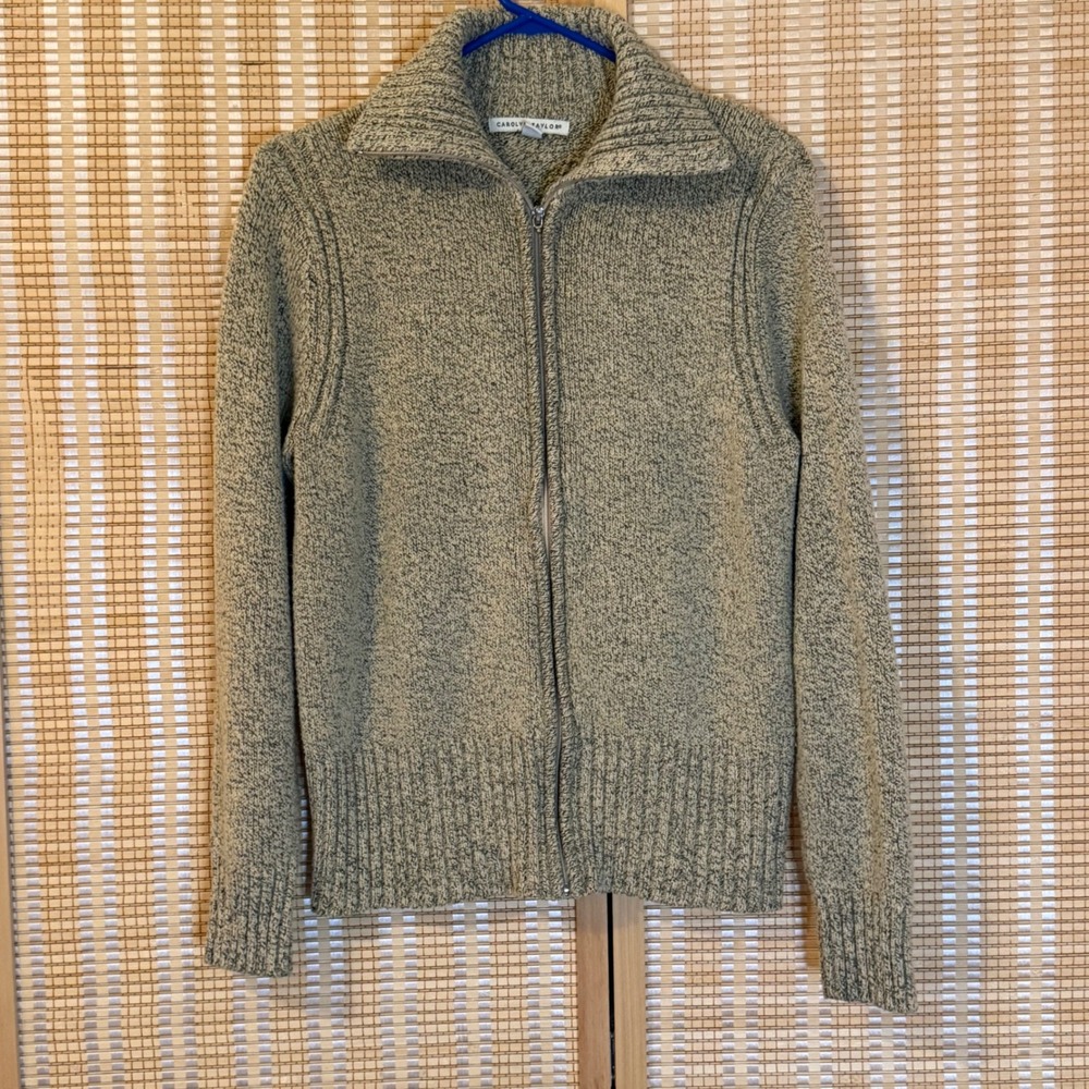 Carolyn Taylor Womens Marled Knit Full Zip Cardigan Sweater Tan‎ Grey L Preppy